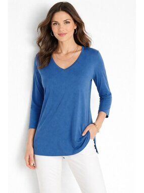 Chico's Travelers Slinky Blue V Neck Long Sleeves Blouse Top Size 1 (M) Casual